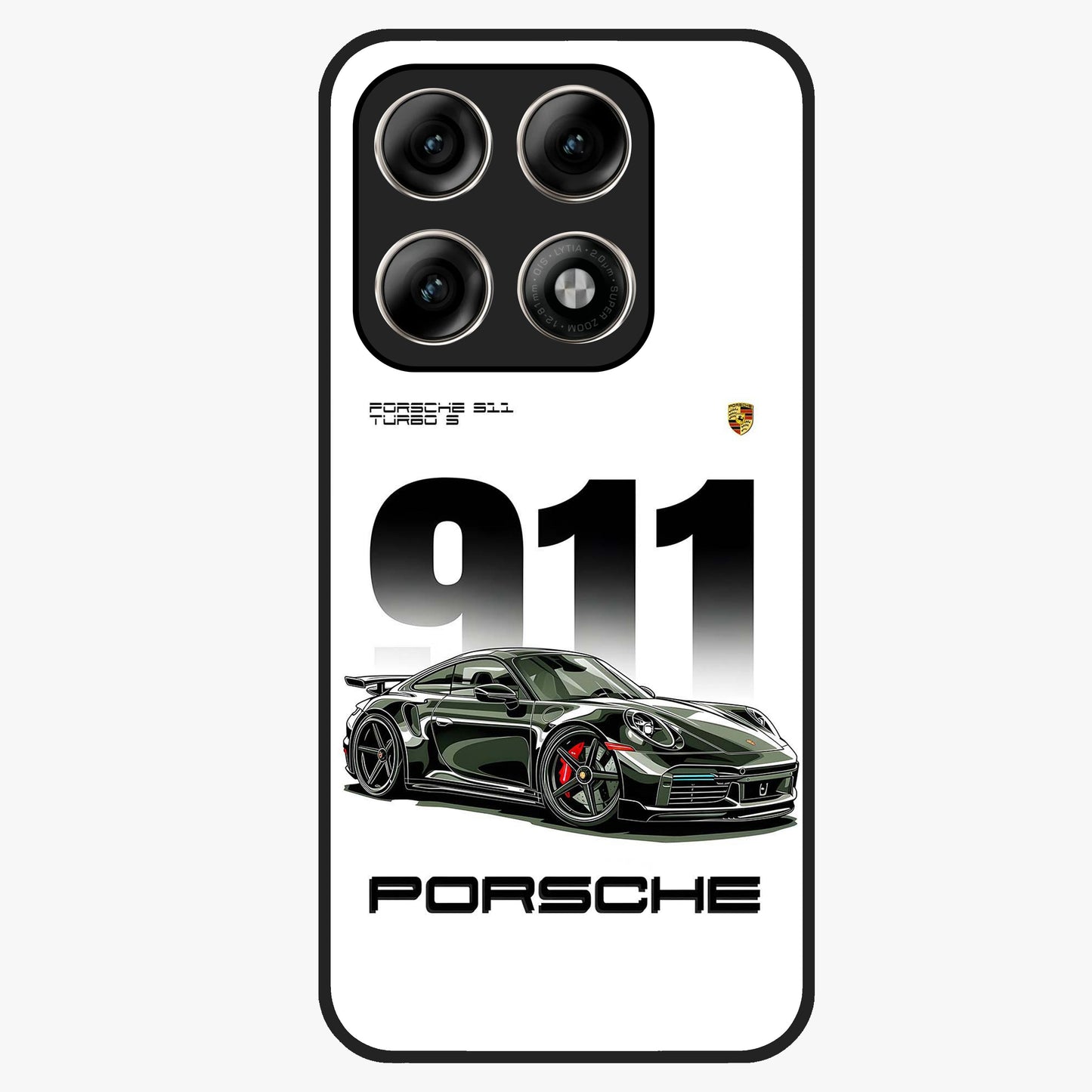 911 Turbo Dominance Glass Case showing clean flat back view with bold 911 sports car artwork and glossy glass finish.