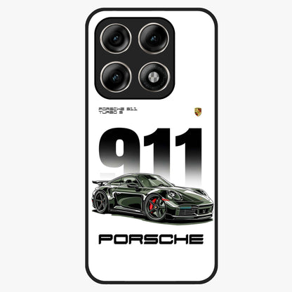 911 Turbo Dominance Glass Case showing clean flat back view with bold 911 sports car artwork and glossy glass finish.