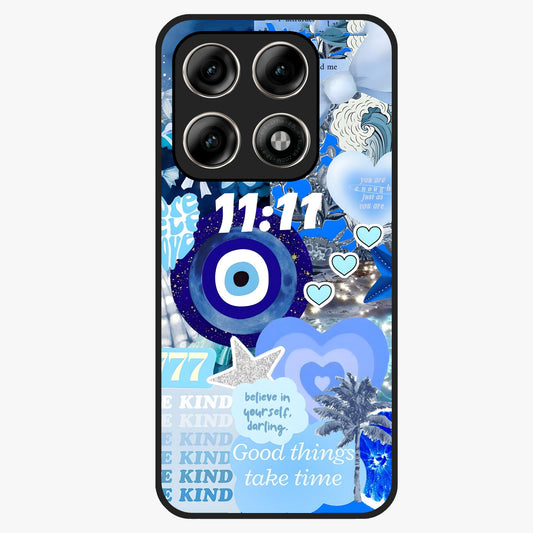 Aesthetic Be Kind Eye Glass Case showing flat back view with motivational eye artwork and glossy glass finish.