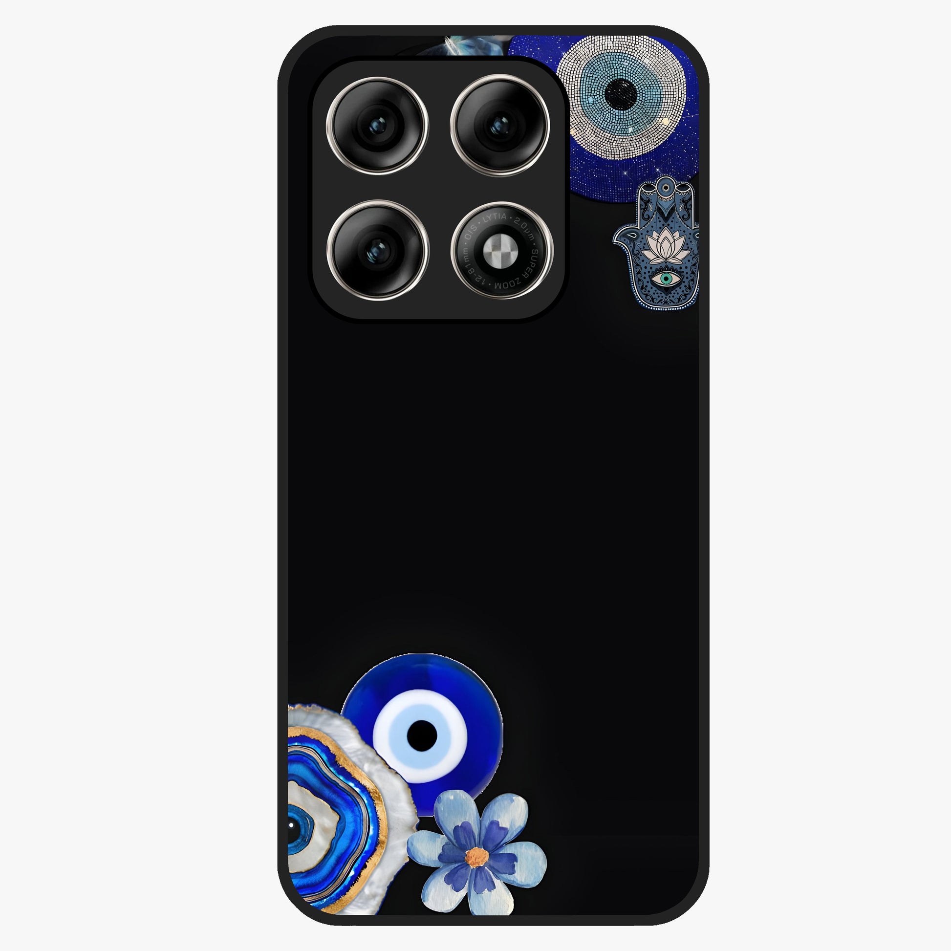 Aesthetic Blue Evil Eye Glass Case showing flat back view with protective evil eye artwork and glossy glass finish.