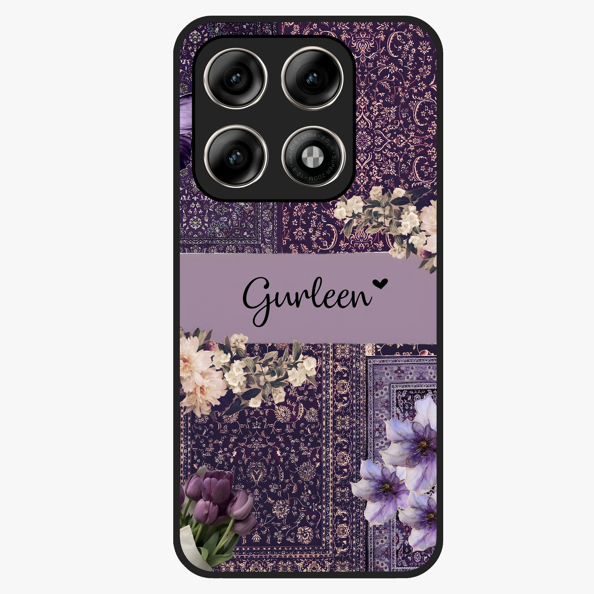 Antique Floral Whisper Custom Name Glass Case showing flat back view with vintage floral artwork and personalized name design.