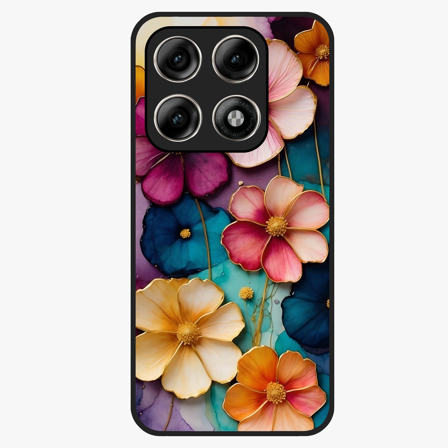 Artlyn Grace Flower Pattern Glass Case showing flat back view with elegant floral pattern artwork and glossy glass finish.