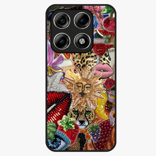 Beaded Fashion Jungle Glass Case showing flat back view with vibrant jungle inspired bead artwork and glossy glass finish.