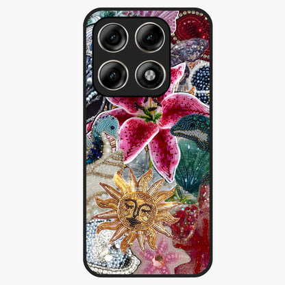 Beaded Garden Fantasy Glass Case showing flat back view with dreamy garden bead artwork and glossy glass finish.