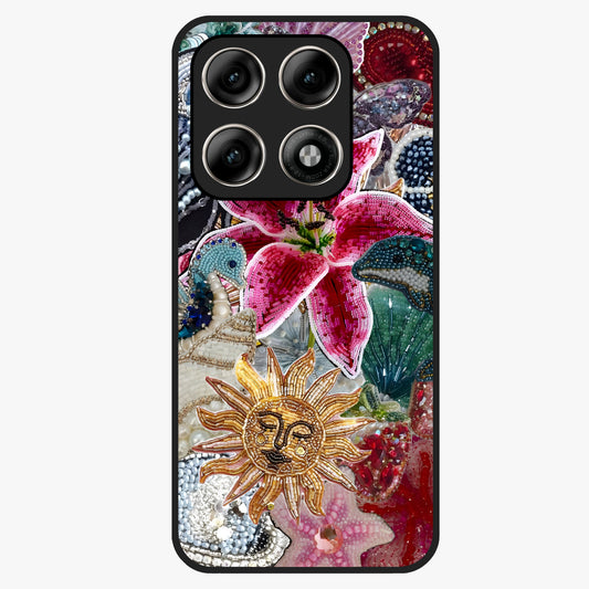 Beaded Garden Fantasy Glass Case showing flat back view with dreamy garden bead artwork and glossy glass finish.