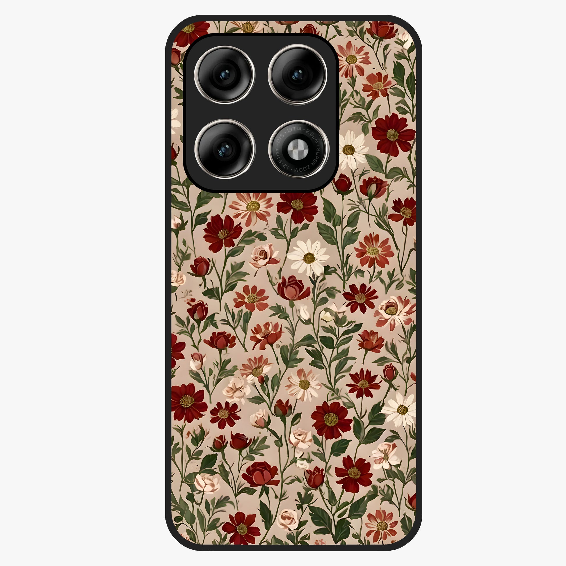 Biege Flower With Leaf Glass Case showing flat back view with soft beige floral artwork and glossy glass finish.