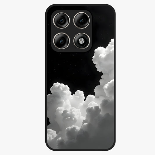 Black Background With White Cloud Glass Case showing flat back view with minimal cloud artwork on dark background and glossy glass finish.