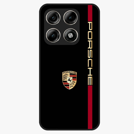 Black Minimal Porsche Glass Case showing flat back view with sleek minimal sports car artwork and glossy glass finish.