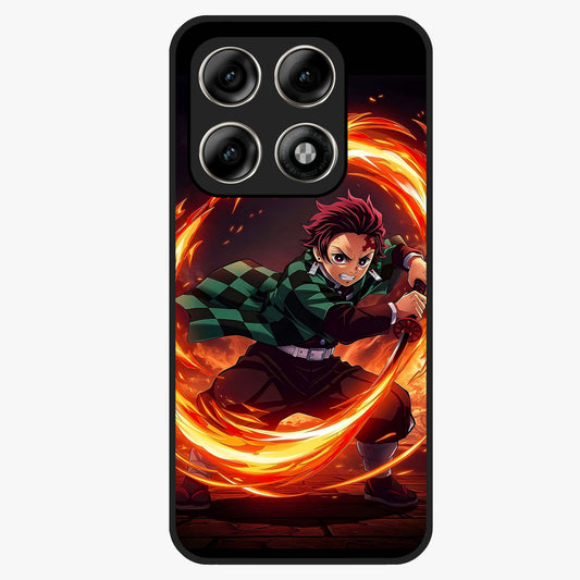 Blazing Sword Resolve Glass Case showing flat back view with fiery sword artwork and glossy glass finish.