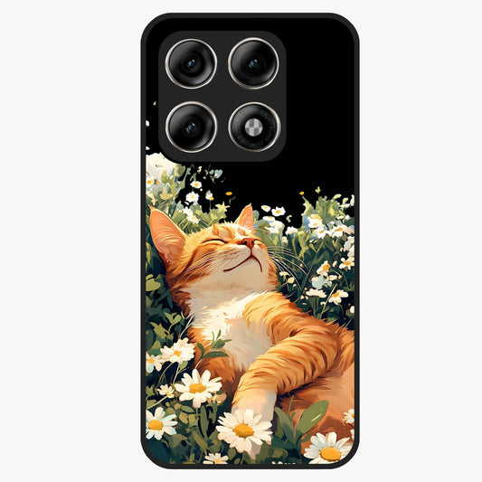 Blissful Bloom Cat Glass Case showing flat back view with cute cat and floral bloom artwork and glossy glass finish.