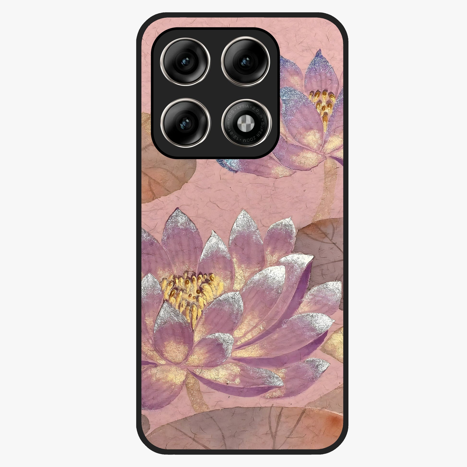 Blossom Mist Lotus Glass Case showing flat back view with serene lotus blossom artwork and glossy glass finish.