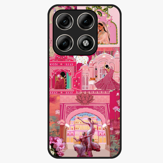 Blossoms of Rajasthan Glass Case showing flat back view with traditional floral artwork inspired by Rajasthan and glossy glass finish.