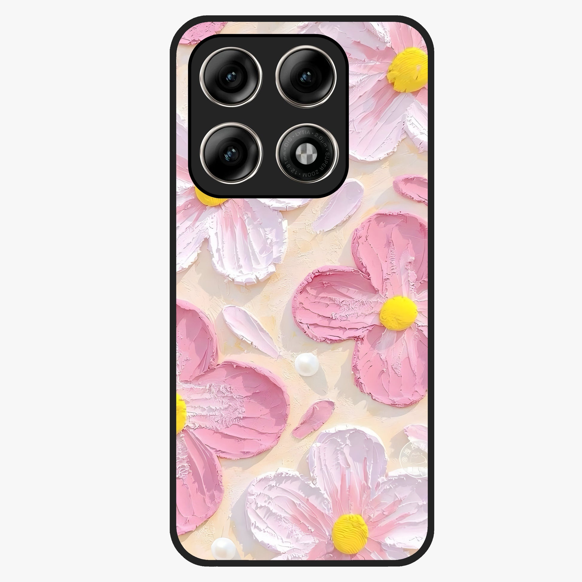 Blush Bloom Texture Glass Case showing flat back view with soft blush floral texture artwork and glossy glass finish.