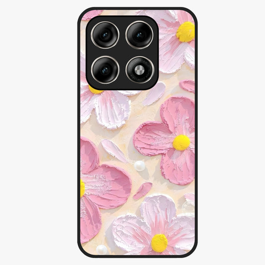 Blush Bloom Texture Glass Case showing flat back view with soft blush floral texture artwork and glossy glass finish.