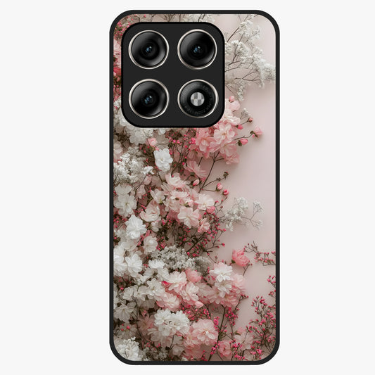 Blush Blossom Cloud Glass Case showing flat back view with dreamy blush cloud blossom artwork and glossy glass finish.