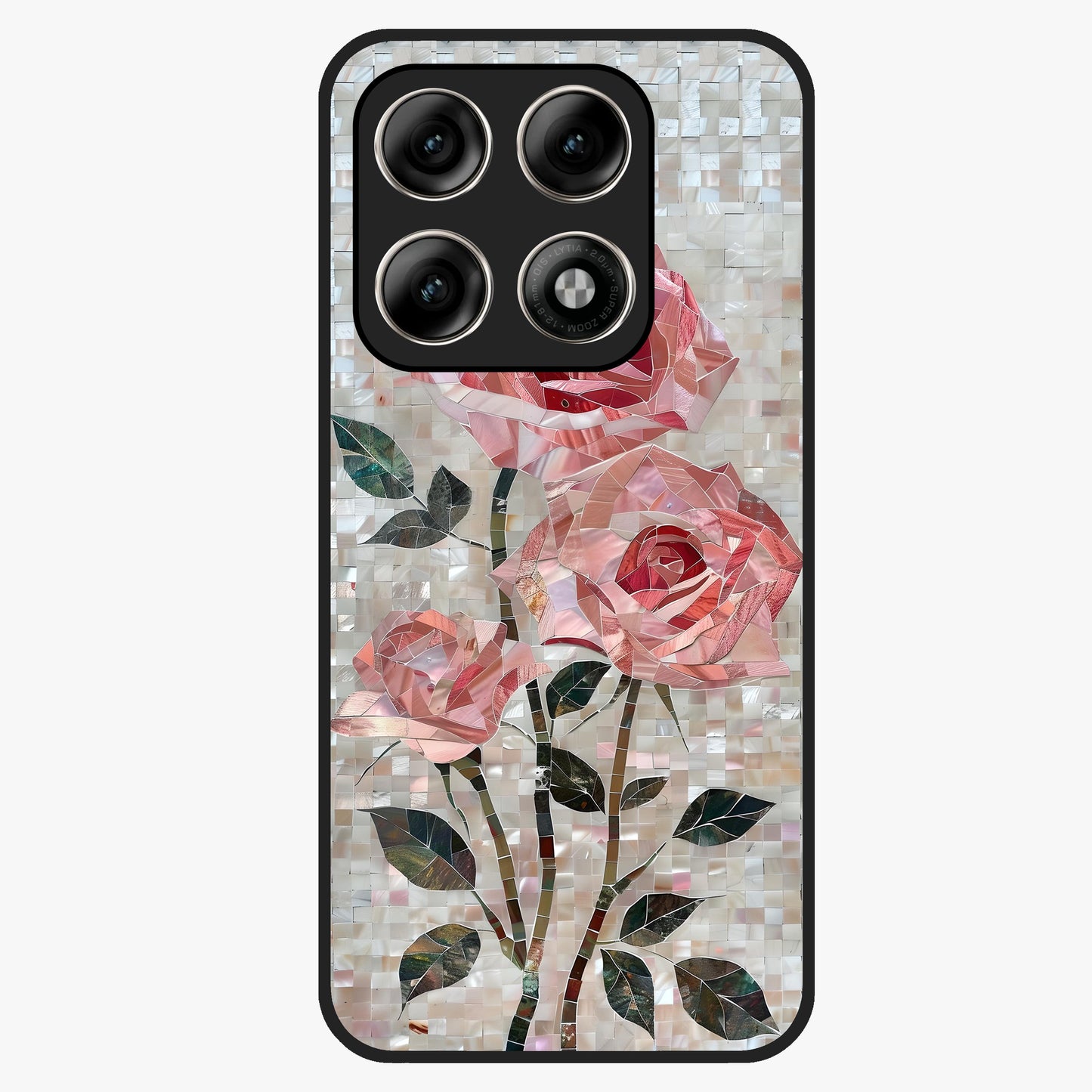 Blush Mosaic Bloom Glass Case showing flat back view with mosaic floral bloom artwork and glossy glass finish.