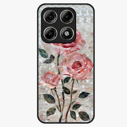 Blush Mosaic Bloom Glass Case showing flat back view with mosaic floral bloom artwork and glossy glass finish.