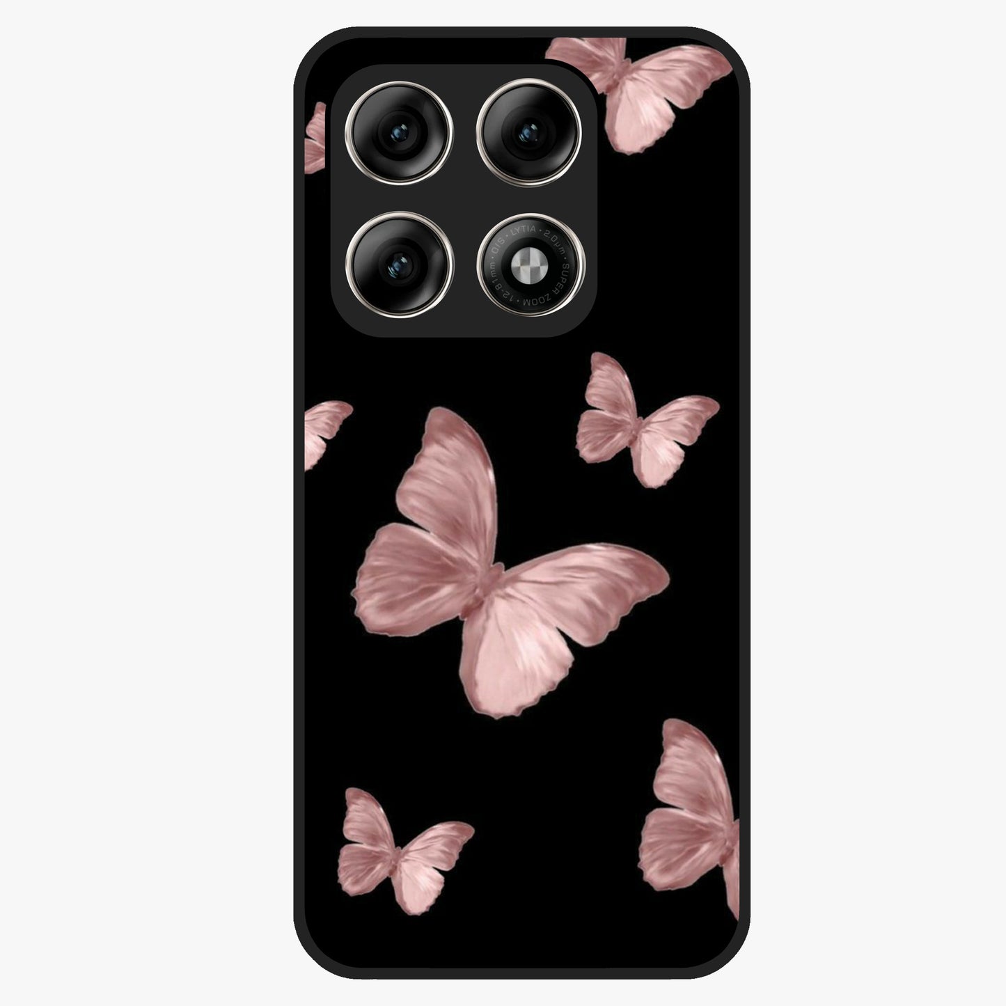 Butterfly Pattern Glass Case showing flat back view with elegant butterfly pattern artwork and glossy glass finish.
