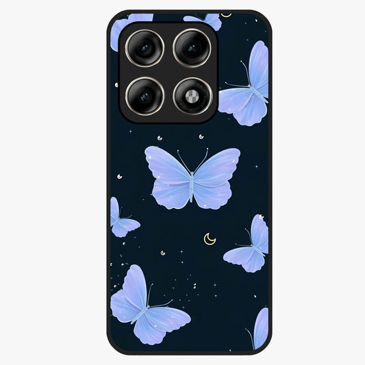 Butterfly With Stars Pattern Glass Case showing flat back view with butterfly and star pattern artwork and glossy glass finish.