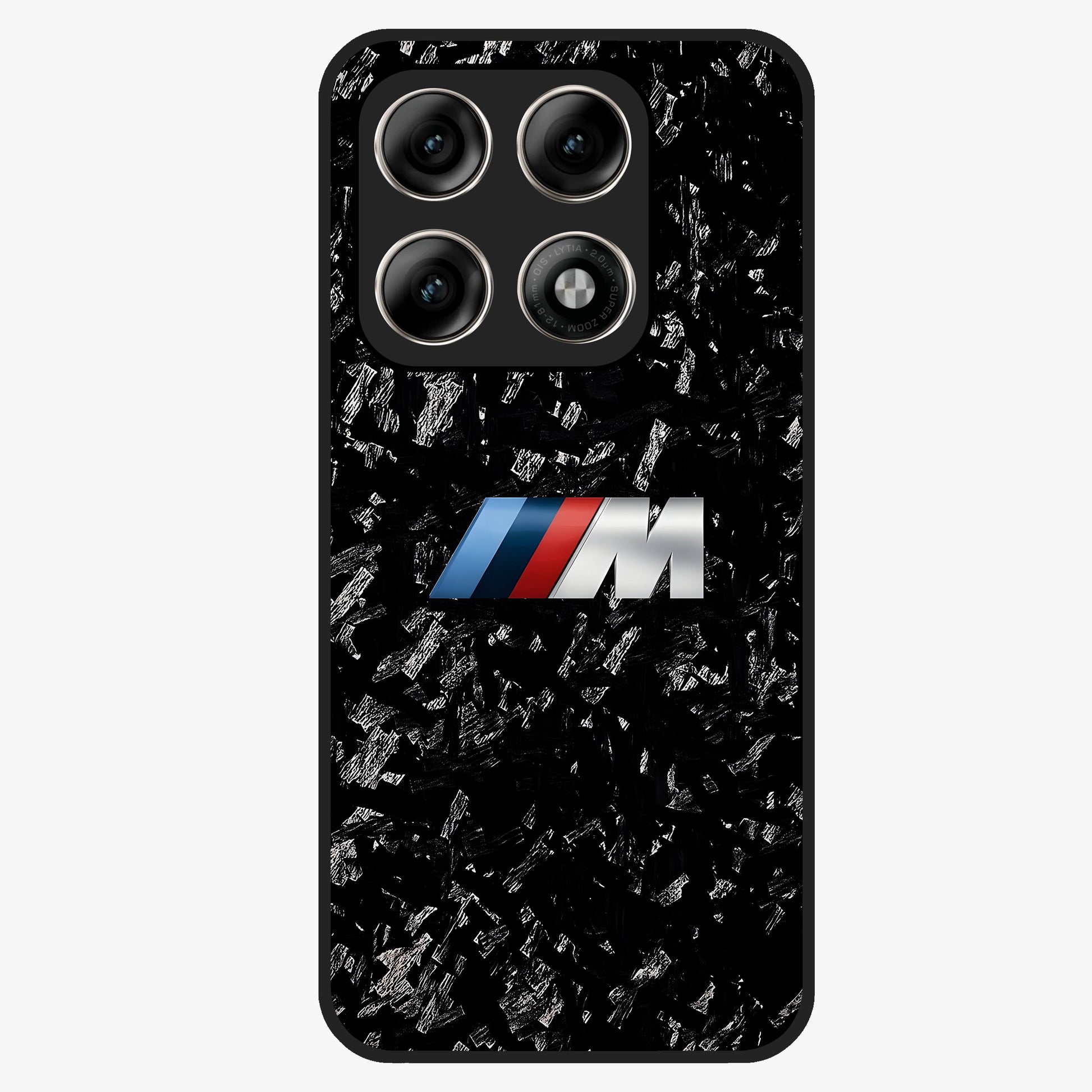 Carbon Speed Mark Glass Case showing flat back view with sporty carbon pattern artwork and glossy glass finish.