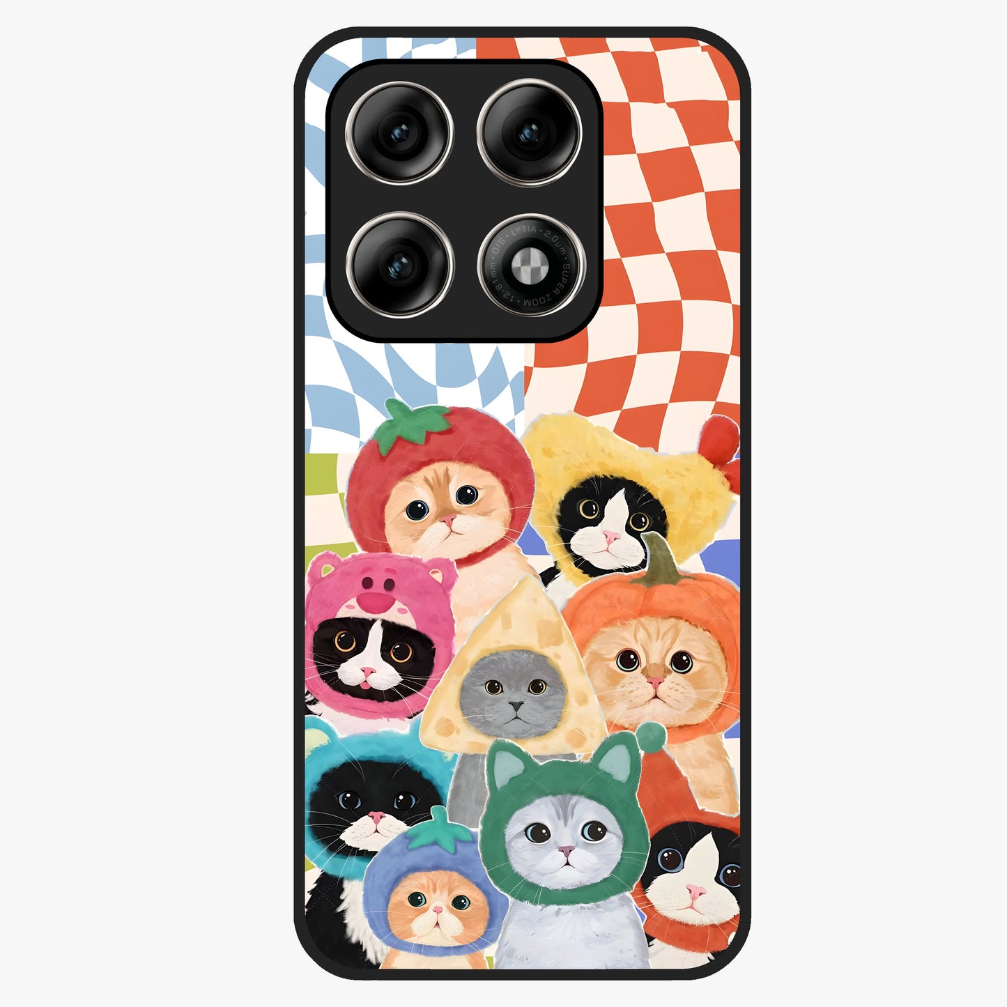 Cats in Fruits Glass Case showing flat back view with playful cat illustrations inside fruit artwork and glossy glass finish.