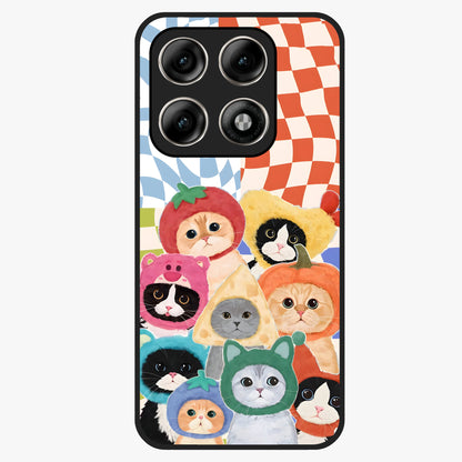 Cats in Fruits Glass Case showing flat back view with playful cat illustrations inside fruit artwork and glossy glass finish.