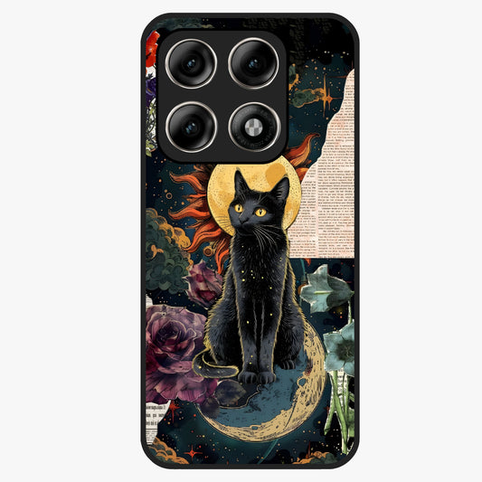 Celestial Black Cat Glass Case showing flat back view with mystical black cat artwork and glossy glass finish.