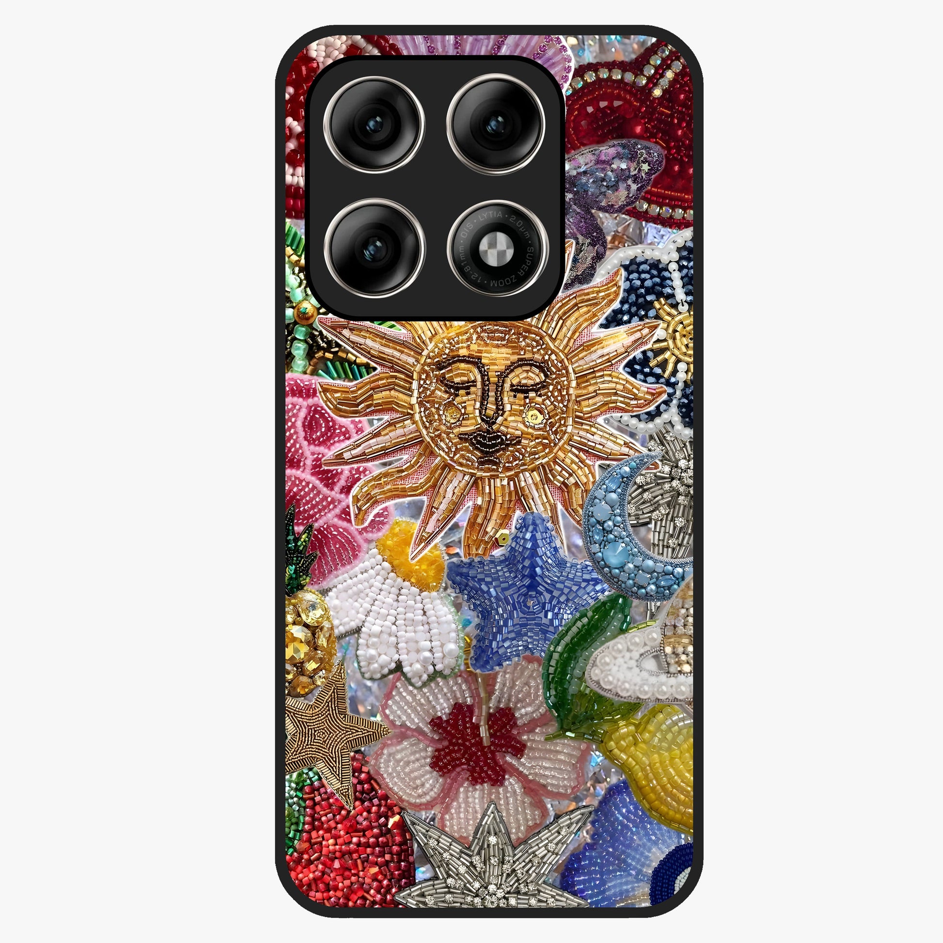 Celestial Floral and Playful Glass Case showing flat back view with floral and celestial themed artwork and glossy glass finish.