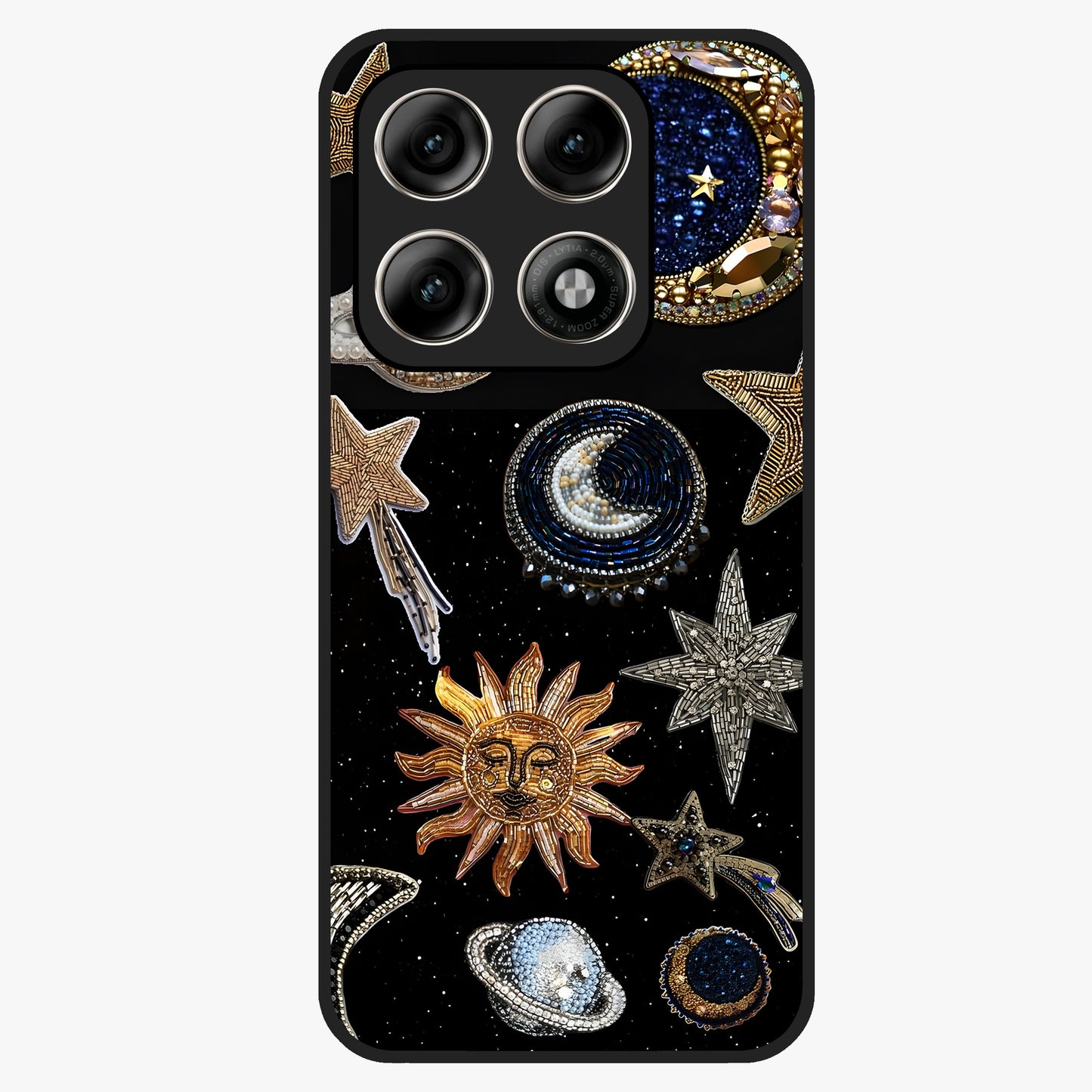 Celestial Gem Constellations Glass Case showing flat back view with sparkling constellation artwork and glossy glass finish.