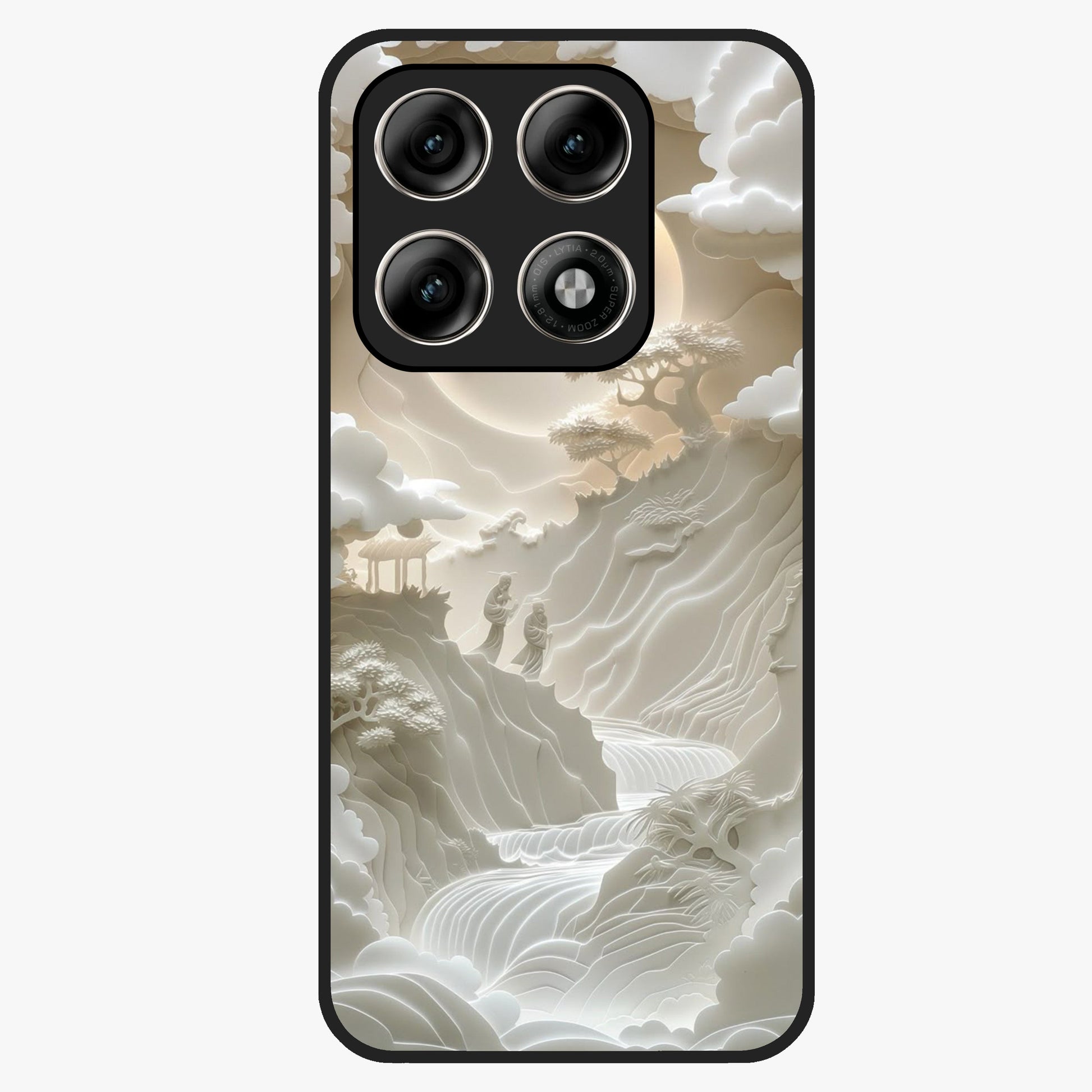Celestial Origami Glass Case showing flat back view with artistic origami inspired celestial artwork and glossy glass finish.