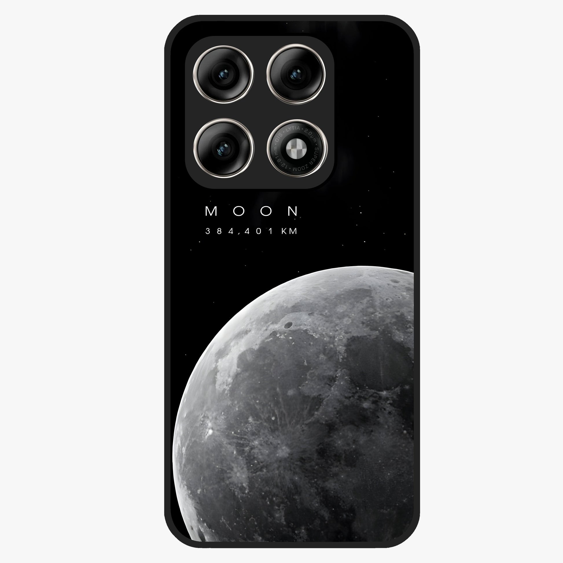 Cosmic Moon Glow Glass Case showing flat back view with glowing moon artwork and glossy glass finish.