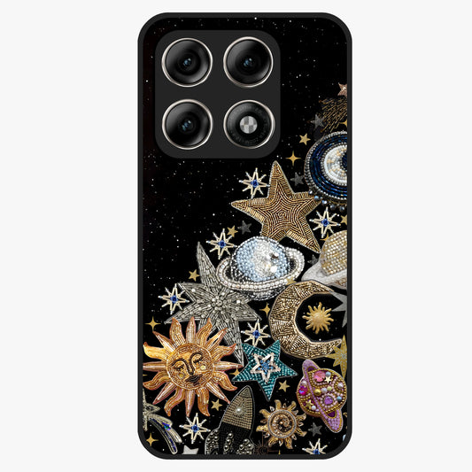 Cosmic Sparkle Dreams Glass Case showing flat back view with sparkling cosmic artwork and glossy glass finish.