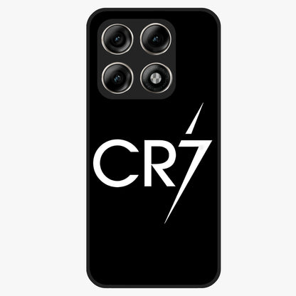Cr7 Elite Strike Glass Case showing flat back view with dynamic football inspired artwork and glossy glass finish.
