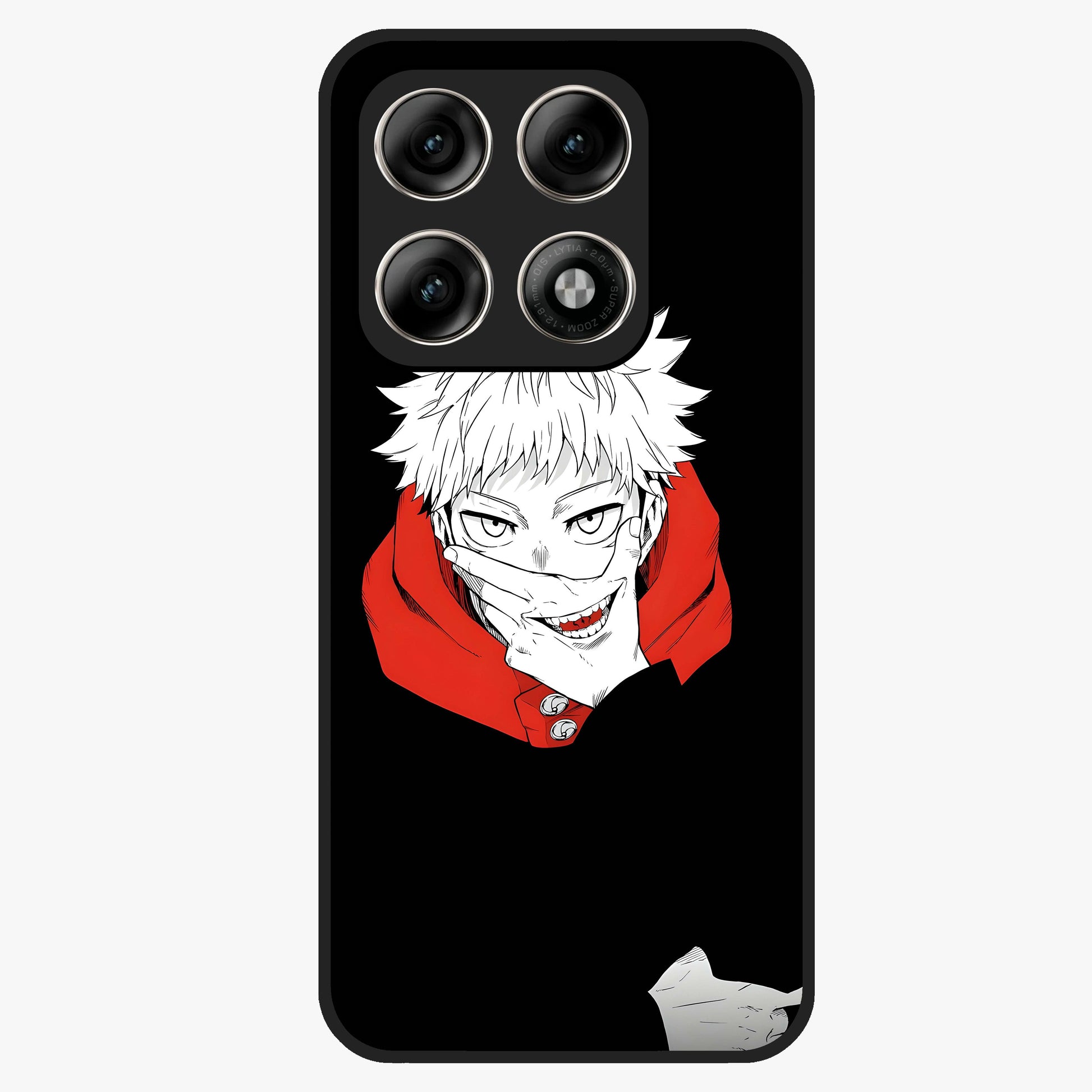 Crimson Chaos Smile Glass Case showing flat back view with bold chaotic smile artwork and glossy glass finish.