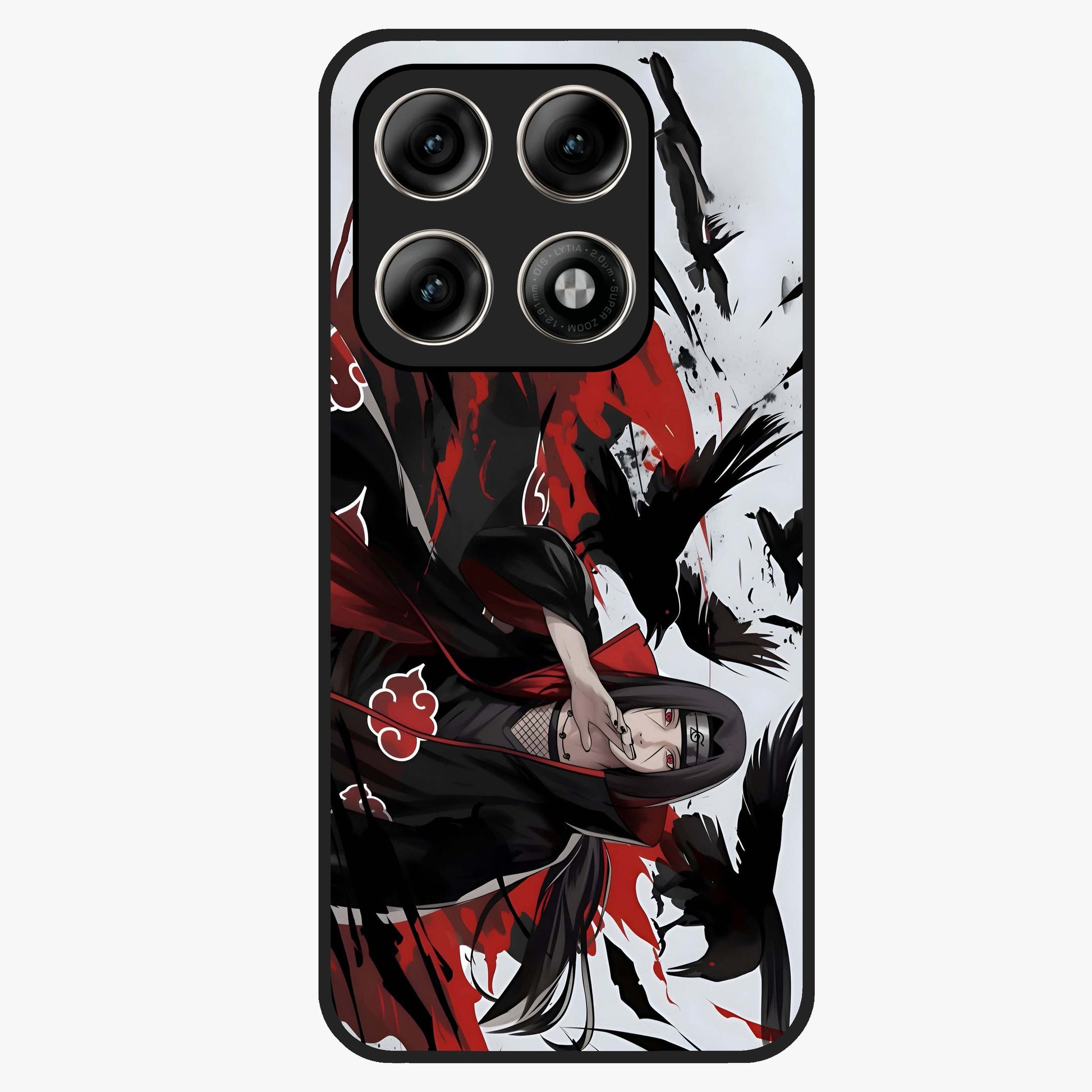 Crimson Crow Illusion Glass Case showing flat back view with artistic crow illusion artwork and glossy glass finish.