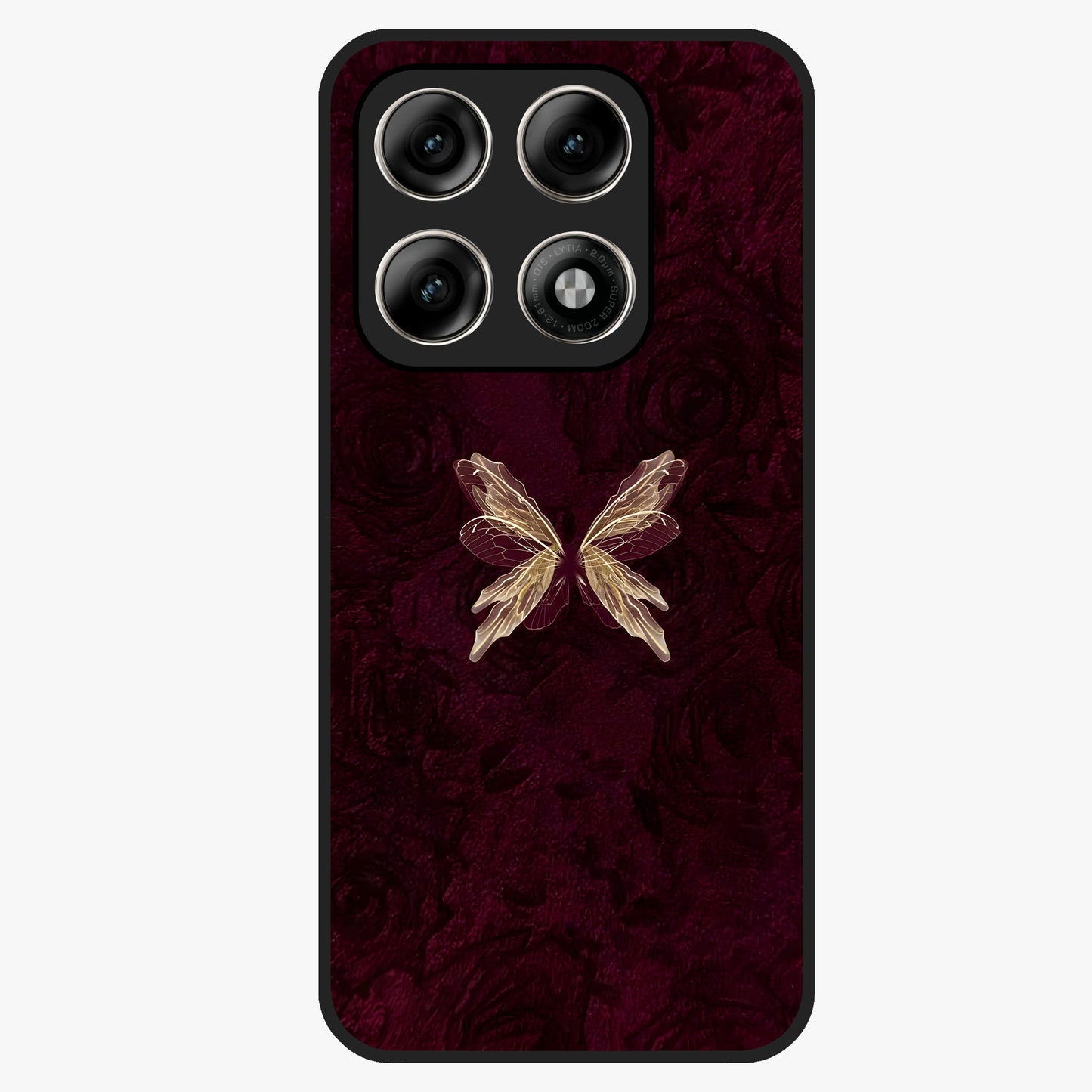 Crimson Fade Butterfly Glass Case showing flat back view with fading butterfly artwork and glossy glass finish.