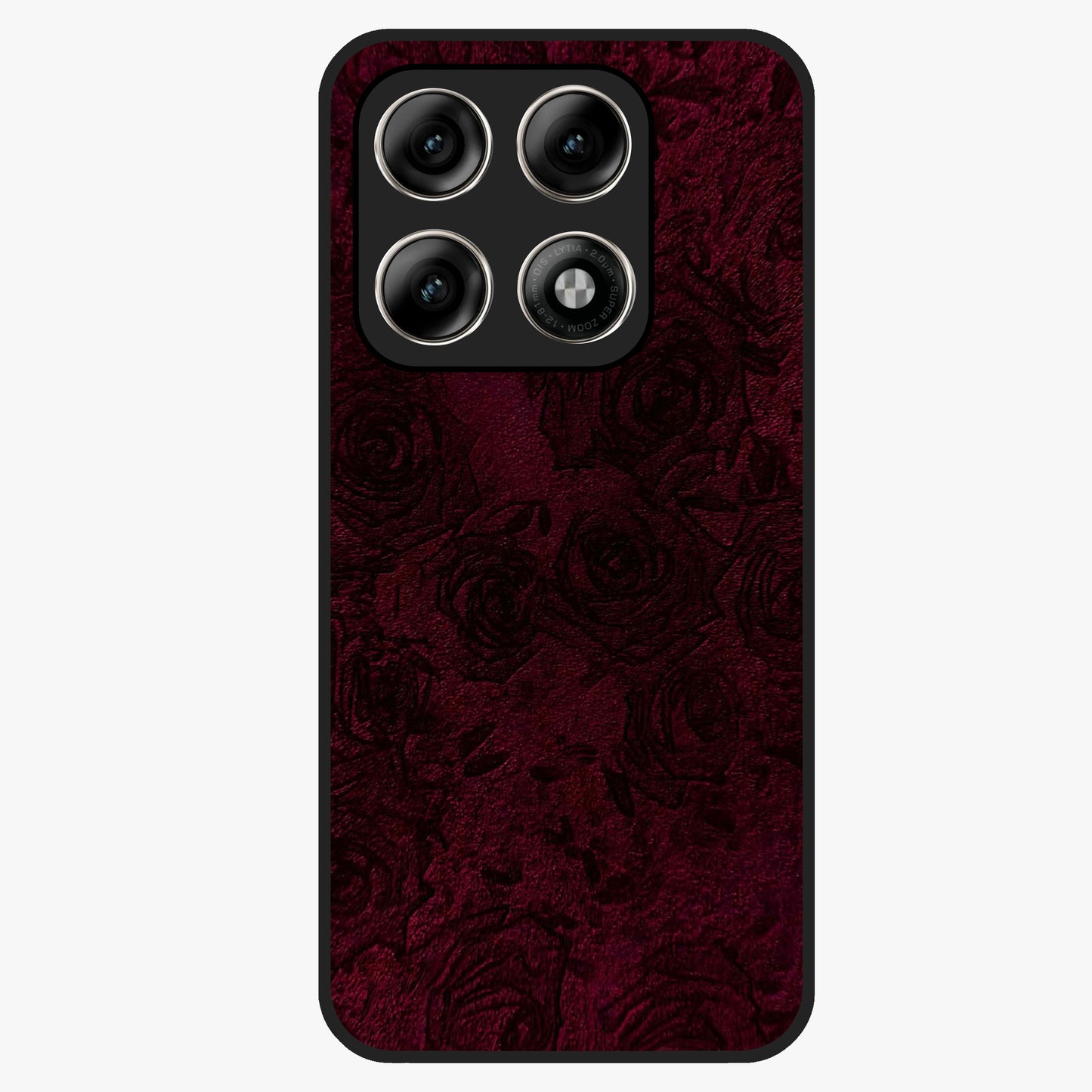 Crimson Fade Flow Glass Case showing flat back view with flowing crimson gradient artwork and glossy glass finish.
