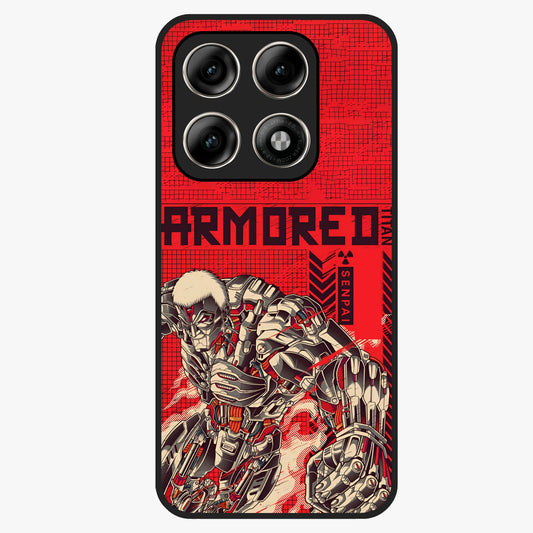 Crimson Mecha Titan Glass Case showing flat back view with powerful mech titan artwork and glossy glass finish.