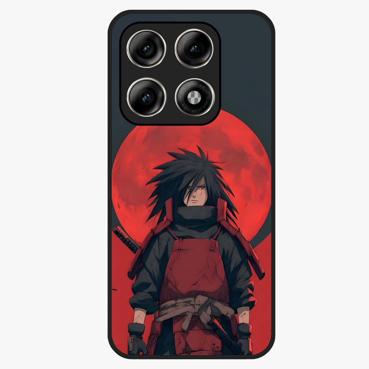 Crimson Moon Warlord Glass Case showing flat back view with mystical moon warrior artwork and glossy glass finish.