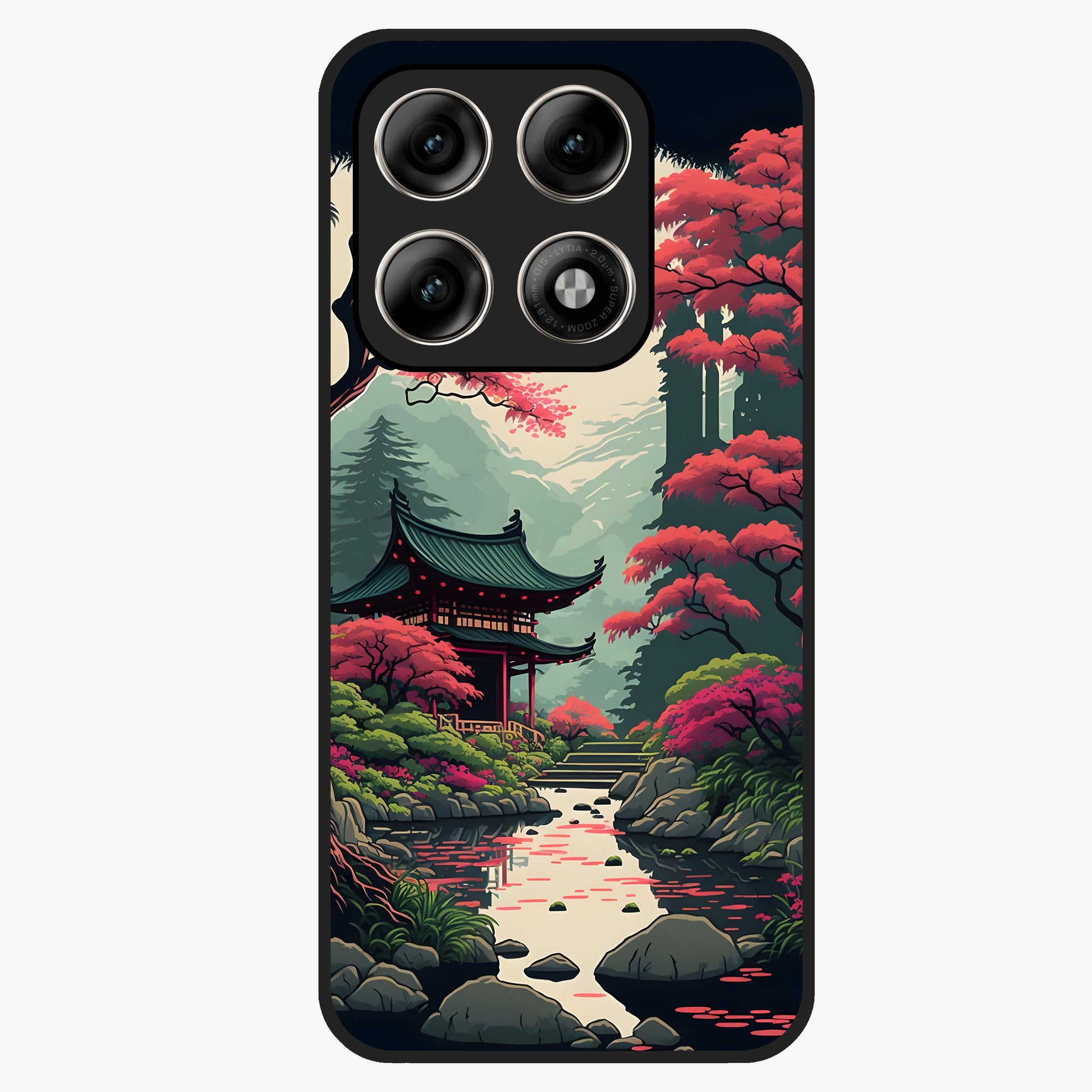 Crimson Temple View Glass Case showing flat back view with temple inspired artwork and glossy glass finish.