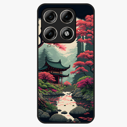 Crimson Temple View Glass Case showing flat back view with temple inspired artwork and glossy glass finish.