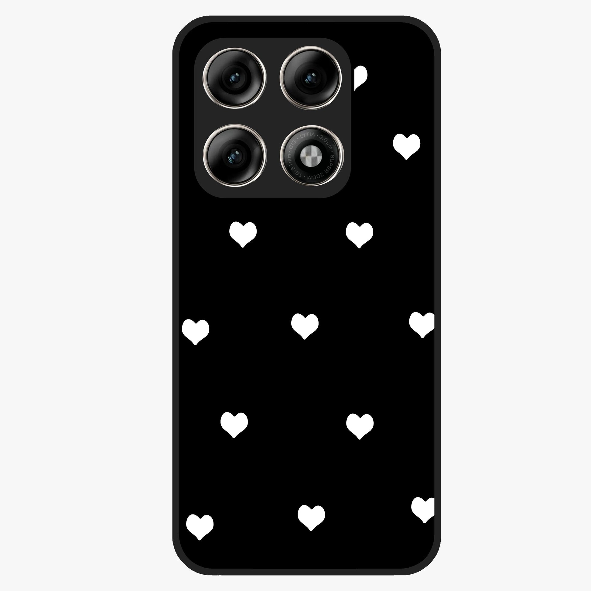Cute And Simple White Hearts Glass Case showing flat back view with minimal white heart pattern and glossy glass finish.