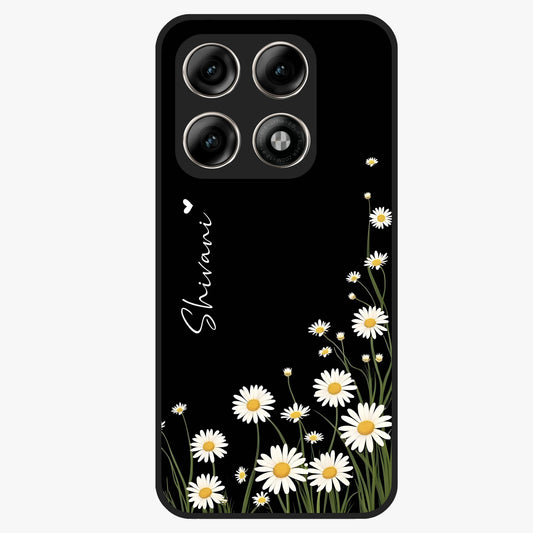 Daisy Cascade Custom Name Glass Case showing flat back view with cascading daisy flowers and personalized name design.