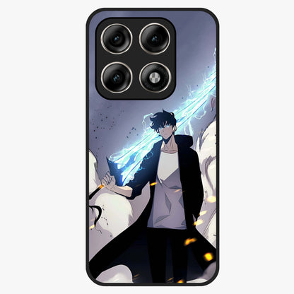 Dark Lightning Anime Warrior Glass Case showing flat back view with intense anime warrior artwork and glossy glass finish.