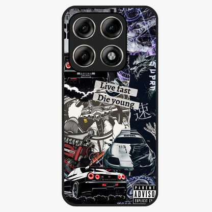 Die Young Glass Case showing flat back view with bold artistic typography design and glossy glass finish.