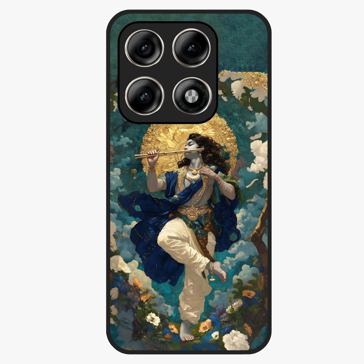 Divine Krishna Art Glass Case showing flat back view with Lord Krishna artwork and glossy glass finish.