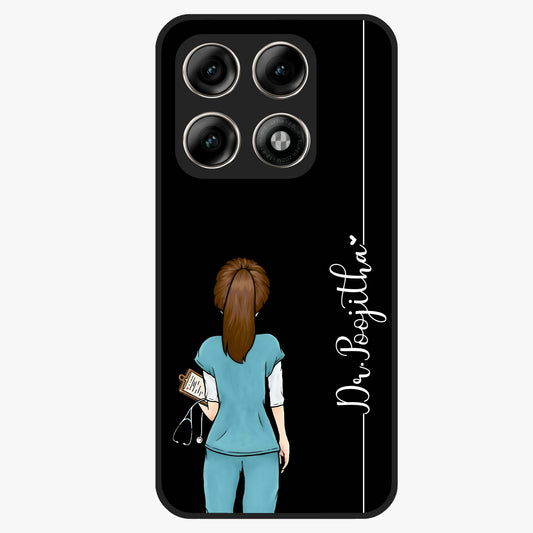 Doctor Pattern Custom Name Glass Case showing flat back view with medical themed pattern and personalized name design.
