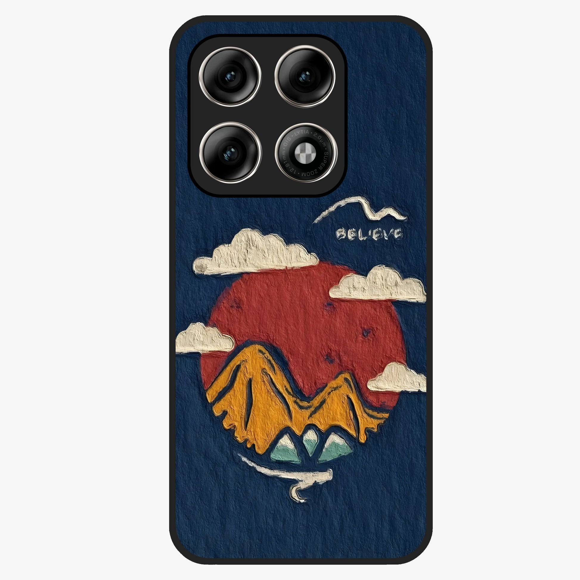Dream Beyond Mountains Glass Case showing flat back view with scenic mountain landscape artwork and glossy glass finish.
