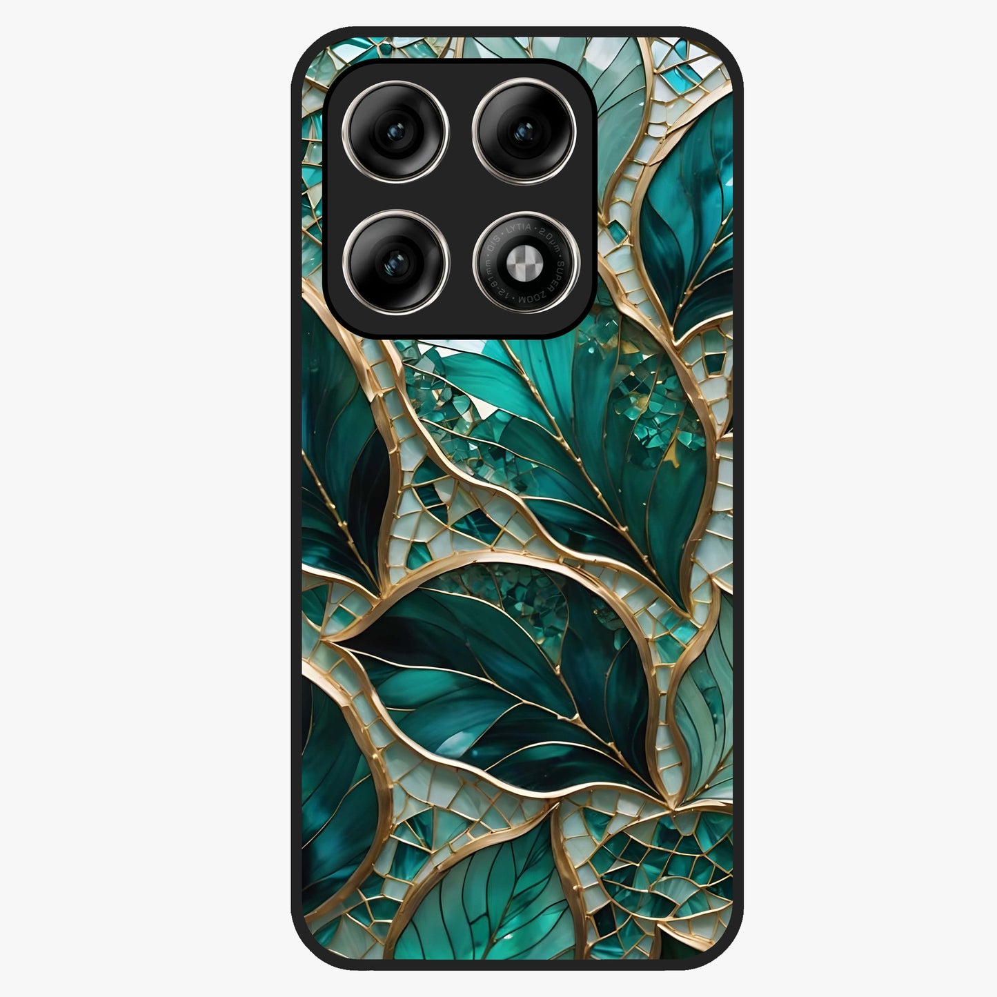 Emerald Leaf Glass Glass Case showing flat back view with emerald green leaf artwork and glossy glass finish.