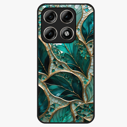 Emerald Leaf Glass Glass Case showing flat back view with emerald green leaf artwork and glossy glass finish.